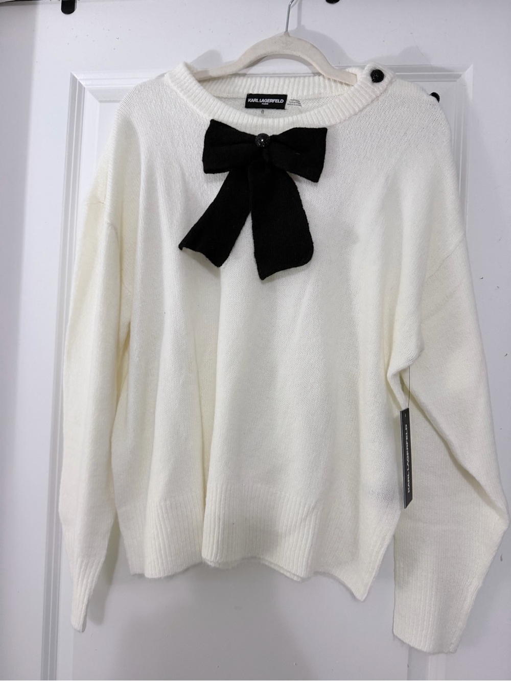 Karl Lagerfeld Ivory Crewneck Sweater with Black Bow